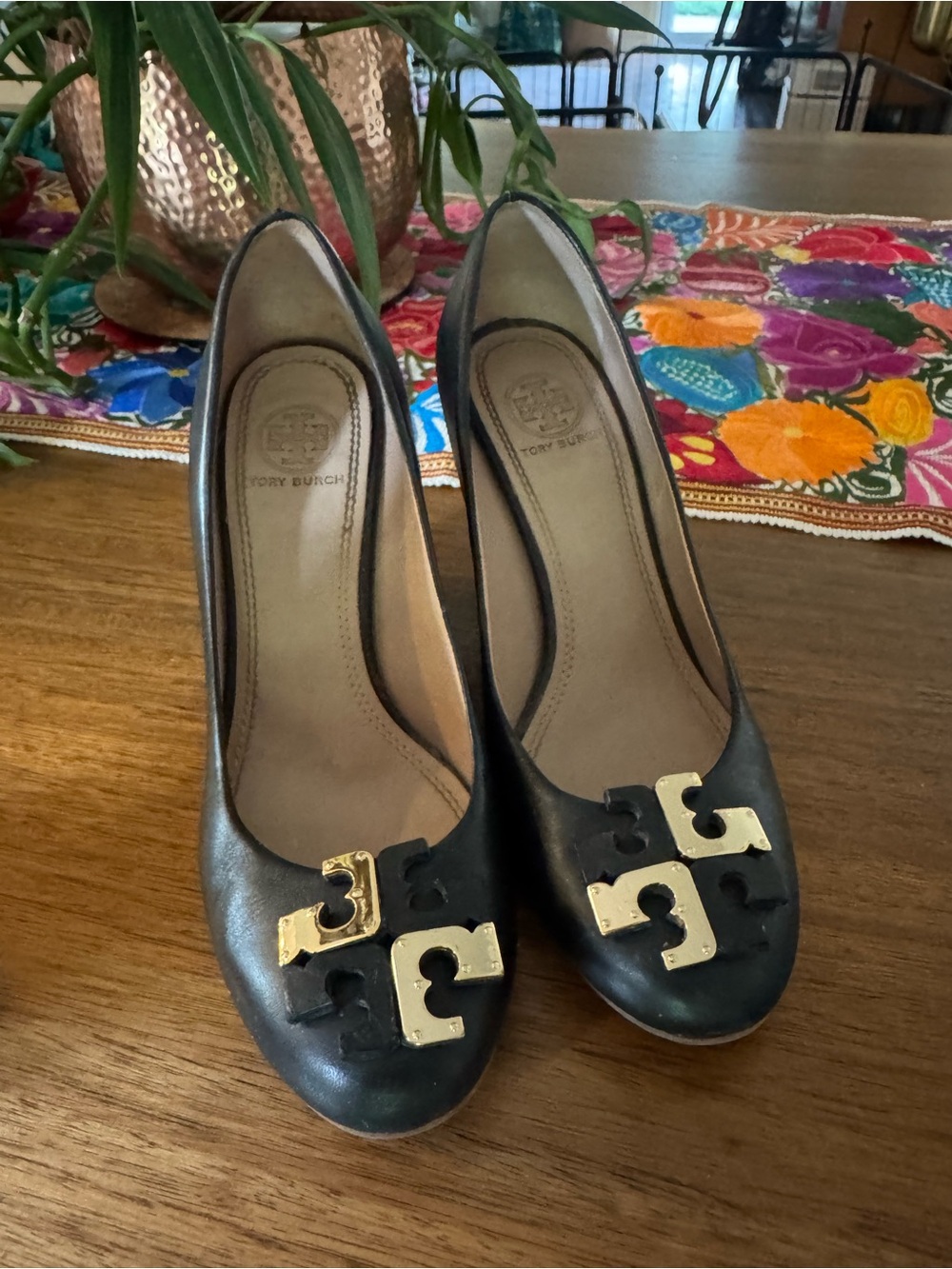 Tory Burch Black Leather Heels with Gold Logo Accents
